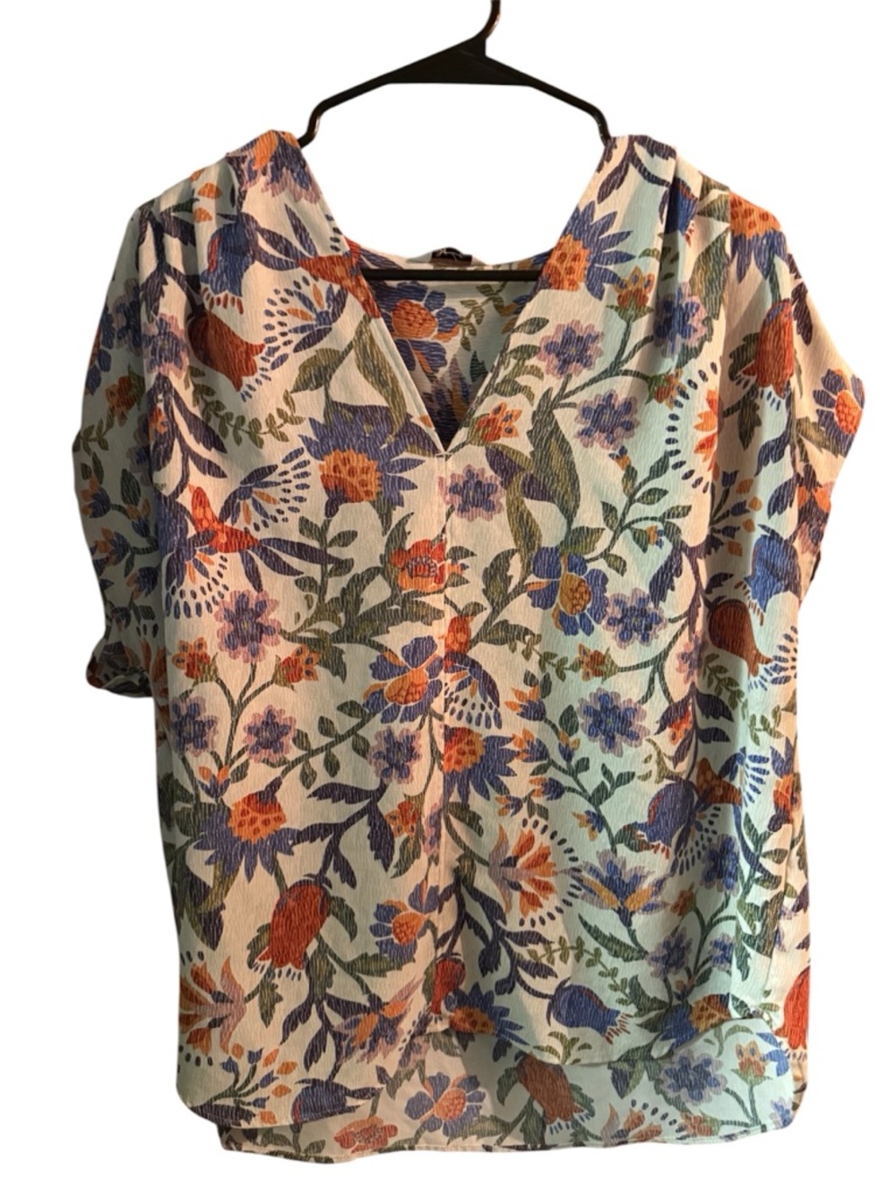 Reitmans Floral V-Neck Blouse - Cream with Orange, Blue & Green